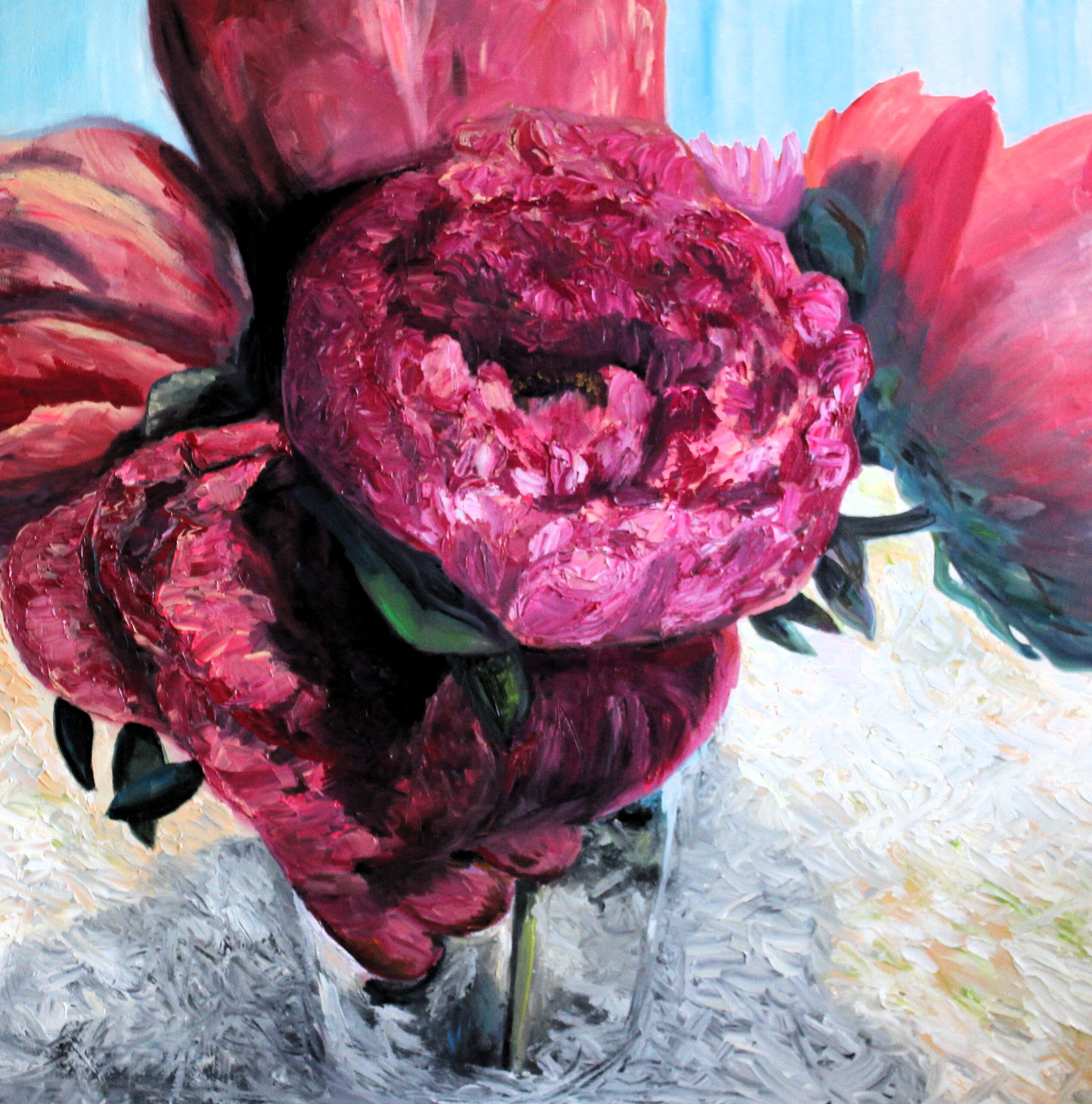 Red Charm red peonies in vase flowers peach green blue red white black clear vase 5 flowers still life