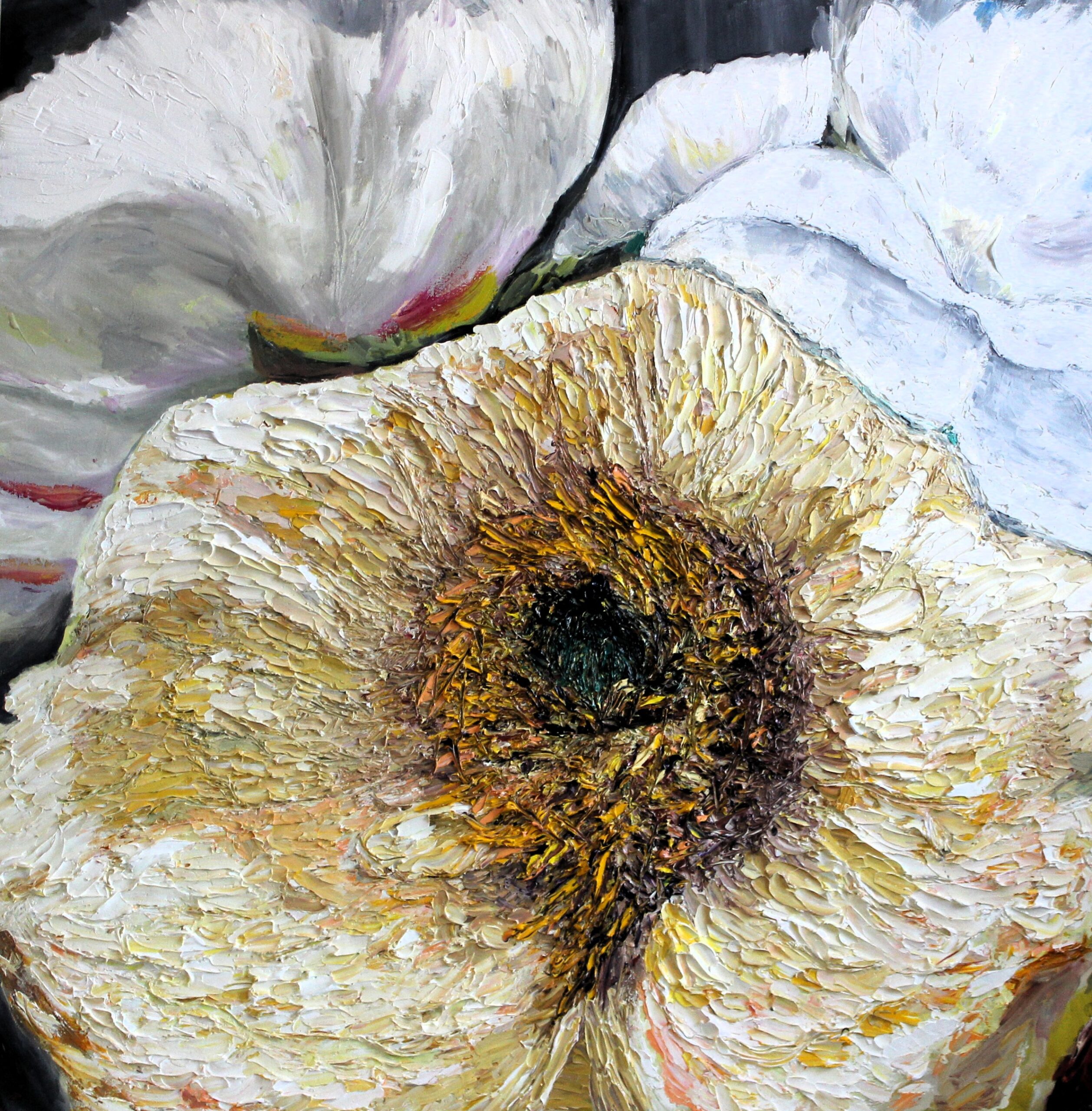 yellow flower green white black peony 3 flowers Good Fortune still life