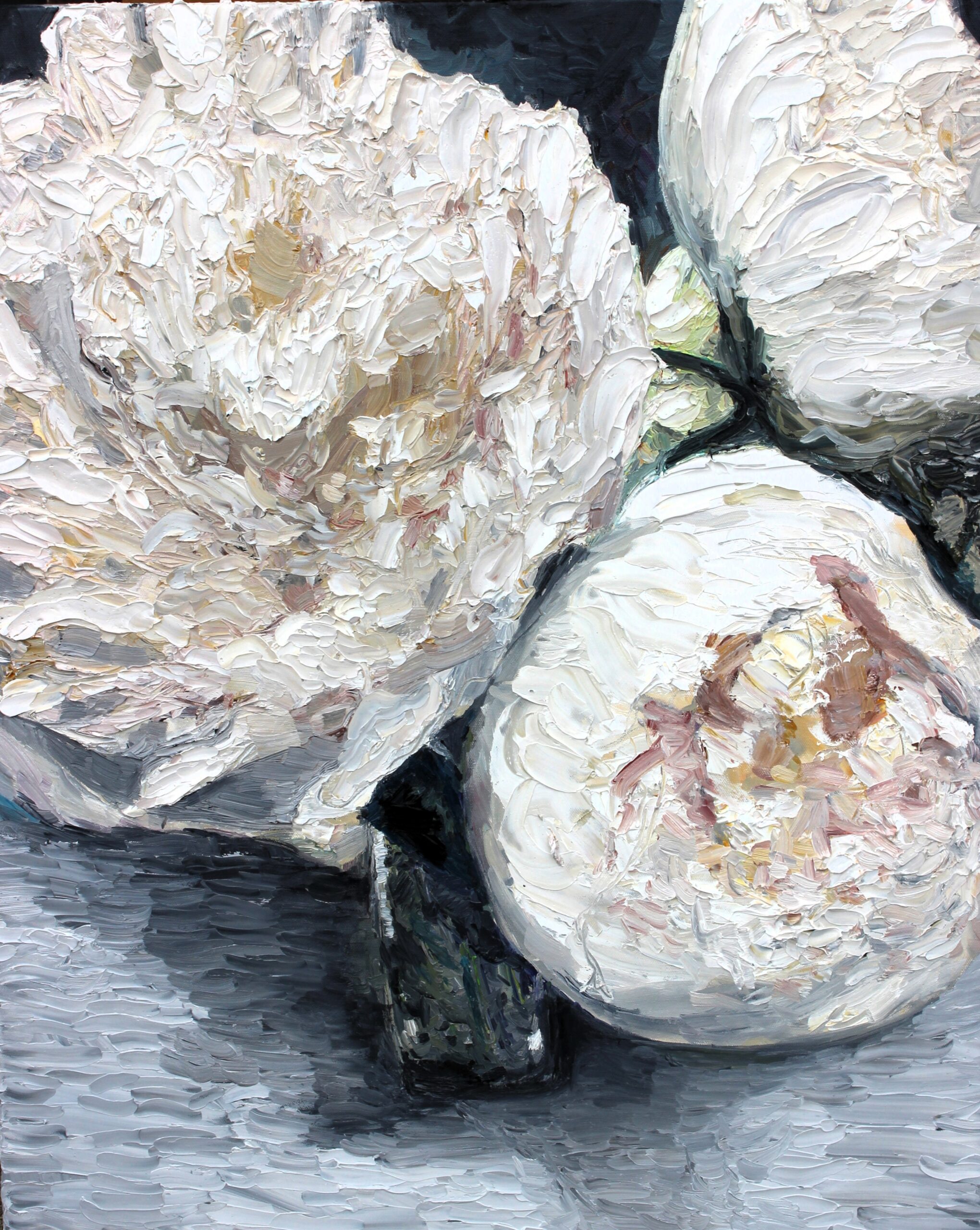 3 white peonies flowers vase white table still life oil paint green black