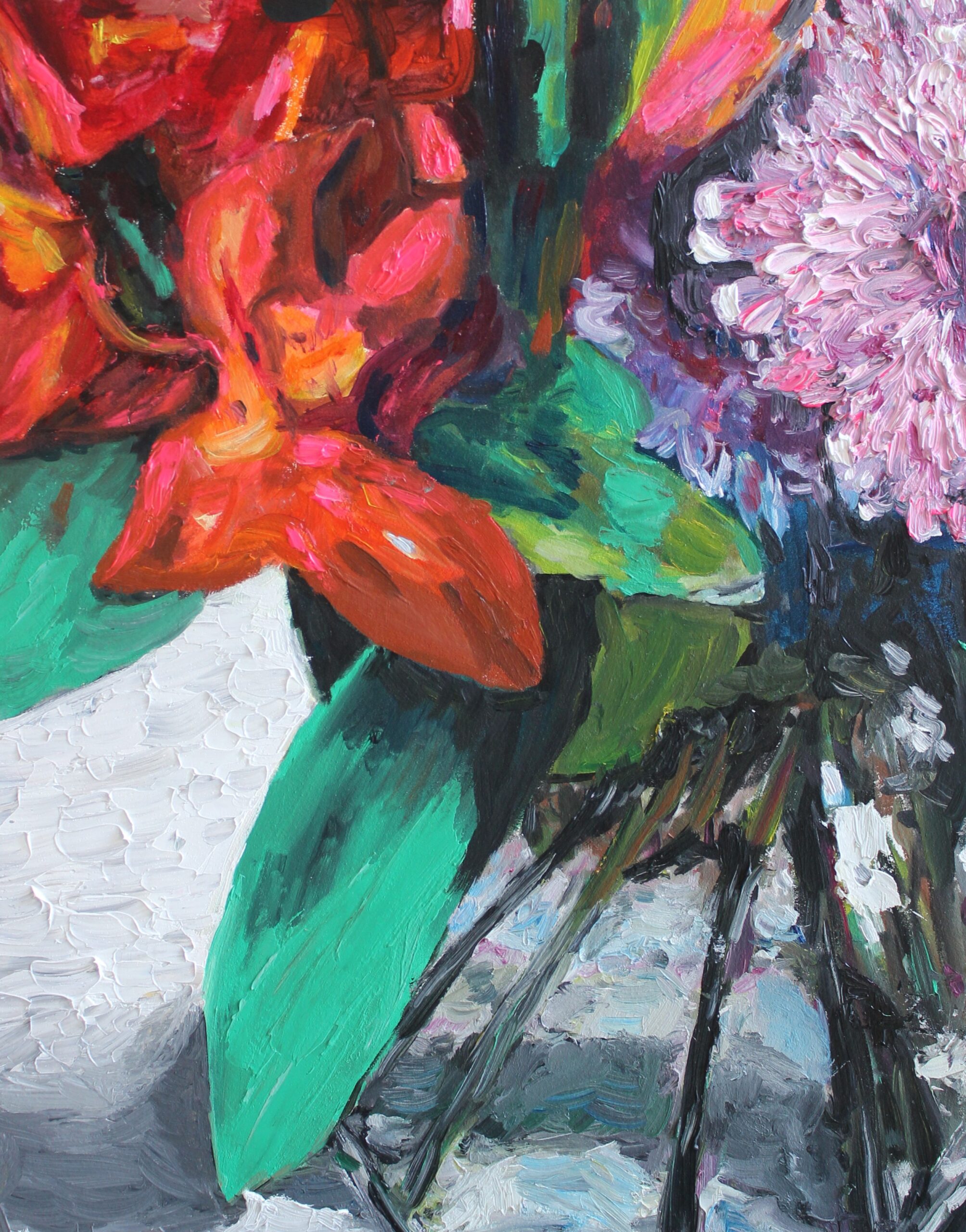 Cheers orange flowers pink purple gr vase white backgroundeen leaves