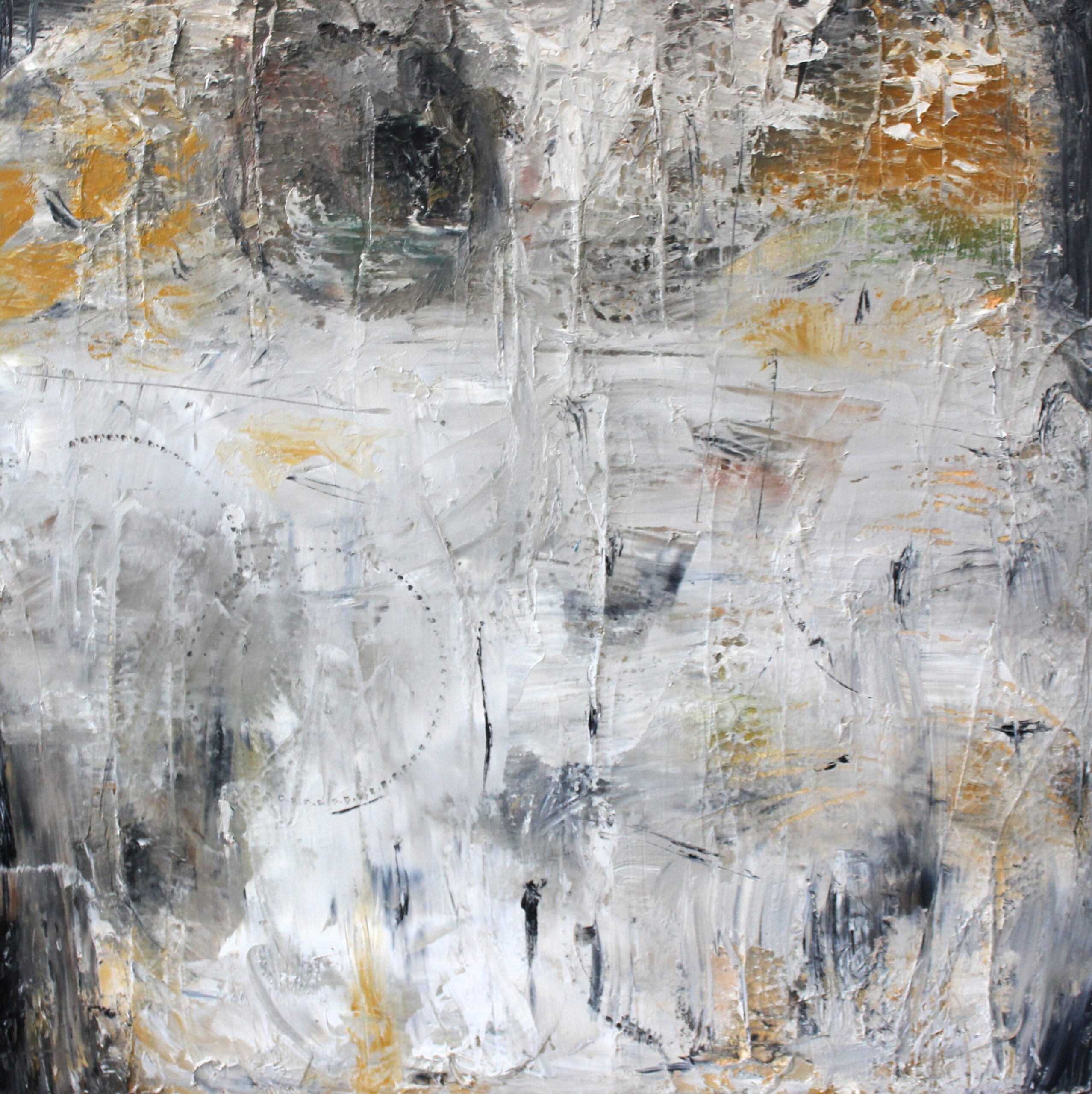 Baltimore_Jennifer_Oil Painting_The Artists Palette_grey_black_yellow_circle_abstract_brushstokes_markmaking_impasto