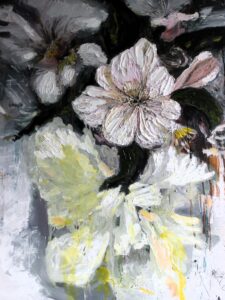 alstroemeria iris white peach yellow flowers still life oil painting 