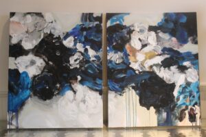 Abstract white blue black flowers drips 