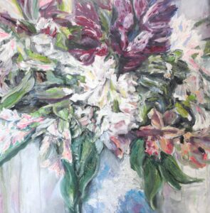 white pink peach purple Peruvian lilies blue white vase drips beige background alstroemeria