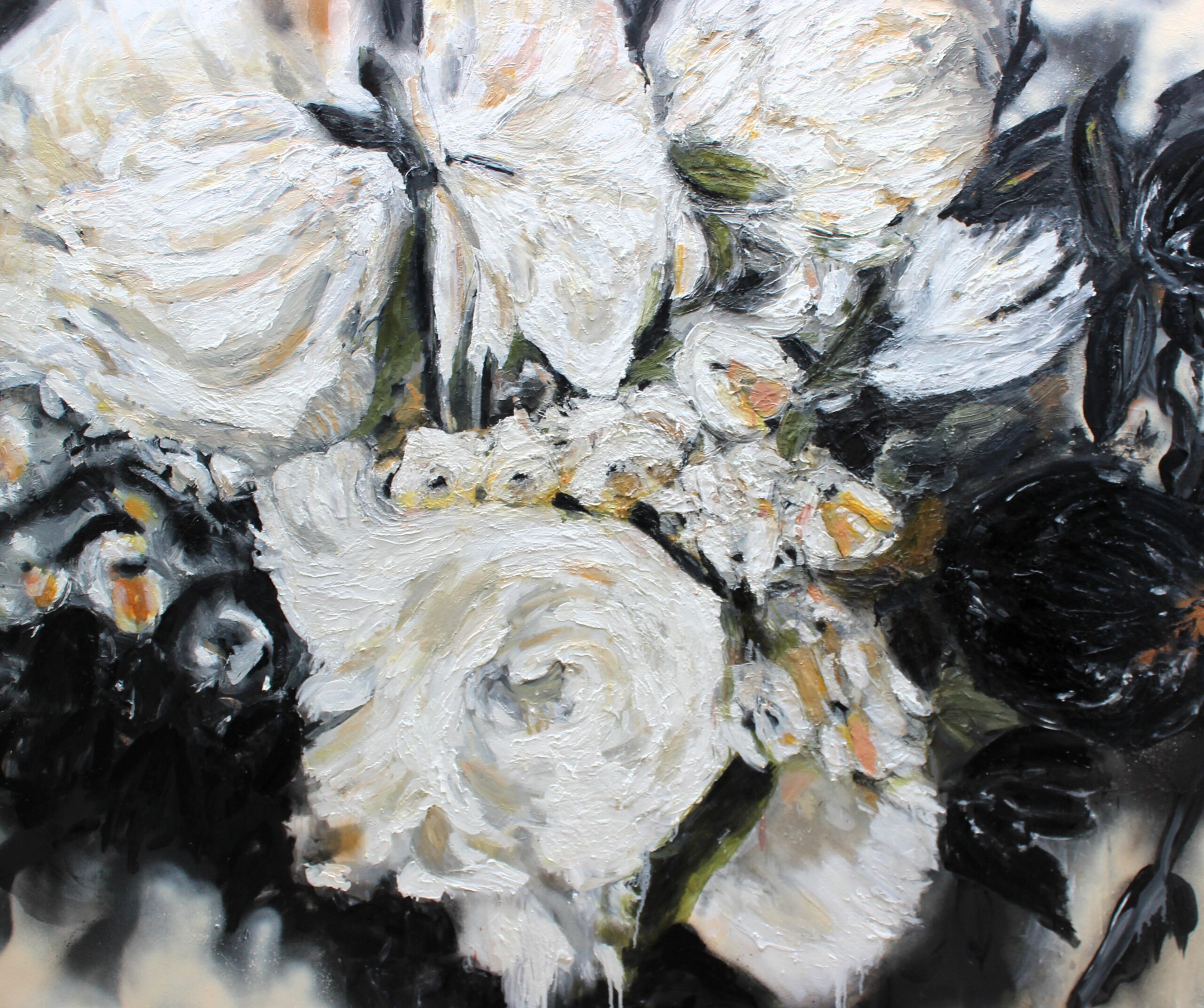 Abstract Flower Bouquet Arrangement Still Life Black White Gold Sage Green Roses